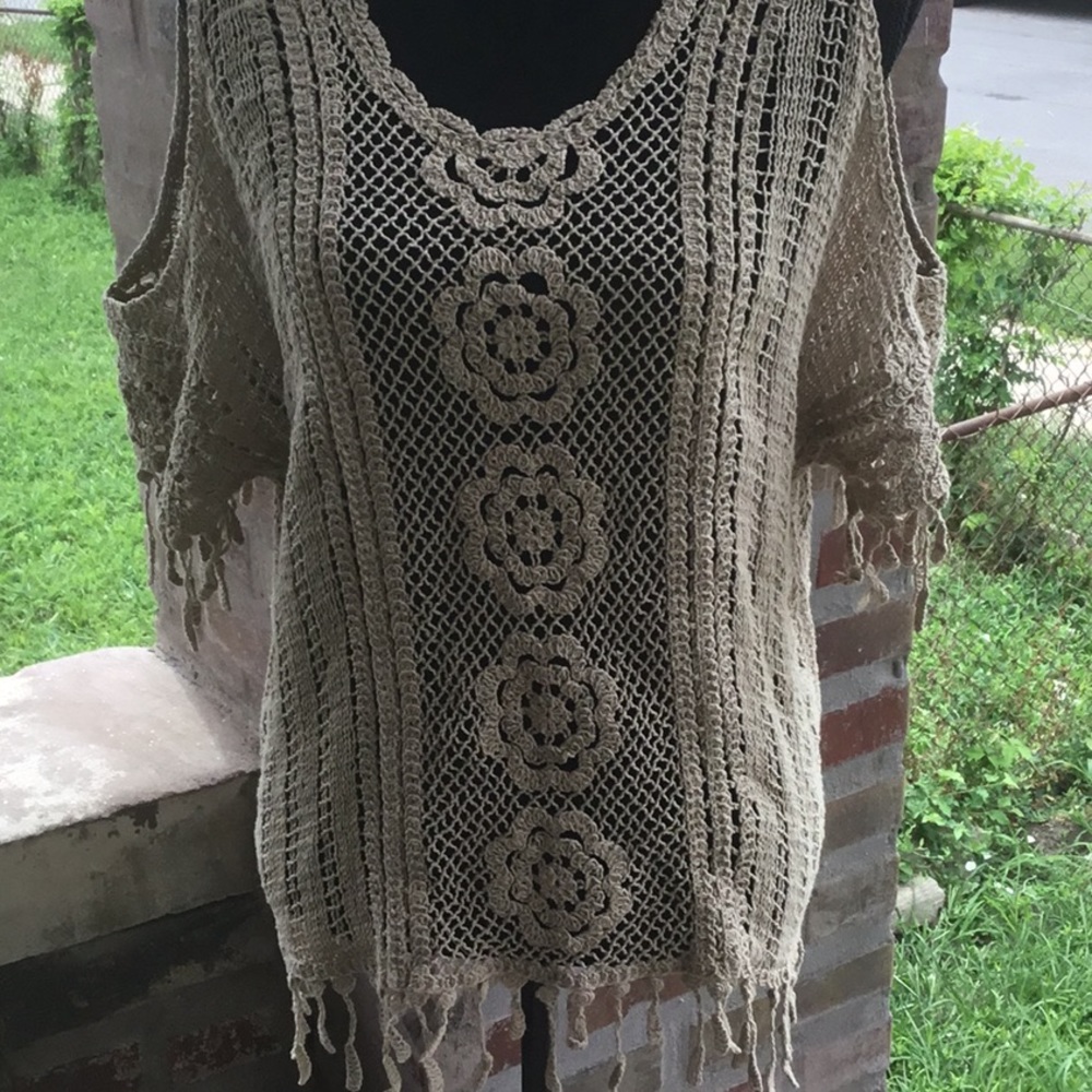 Tan croquette fringe cold shoulder  top. M to L